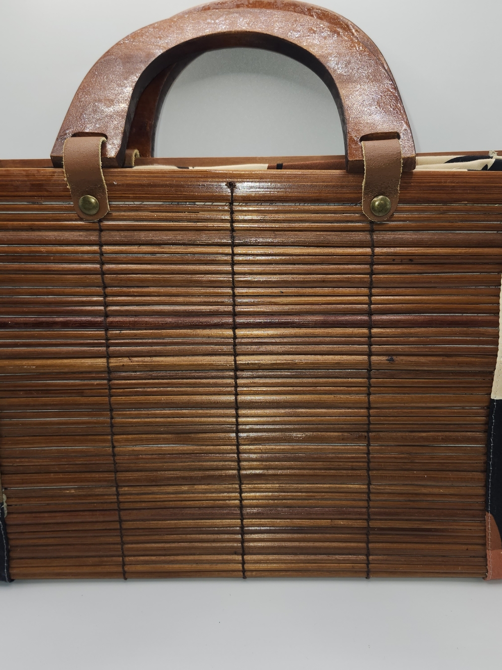 Vintage Bamboo Wood Slat Handbag Boho Folding Basket Purse Arched Wood Handle